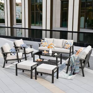 Walden Grey 7-Piece Wicker Metal Outdoor Patio Conversation Sofa Seating Set with Beige Cushions
