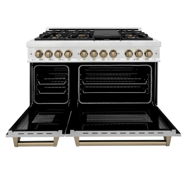 Autograph 48 in. Legacy Dual Fuel Range with 7 Burners and 2 Electric Ovens in Satin Stainless Steel and Bronze Accents