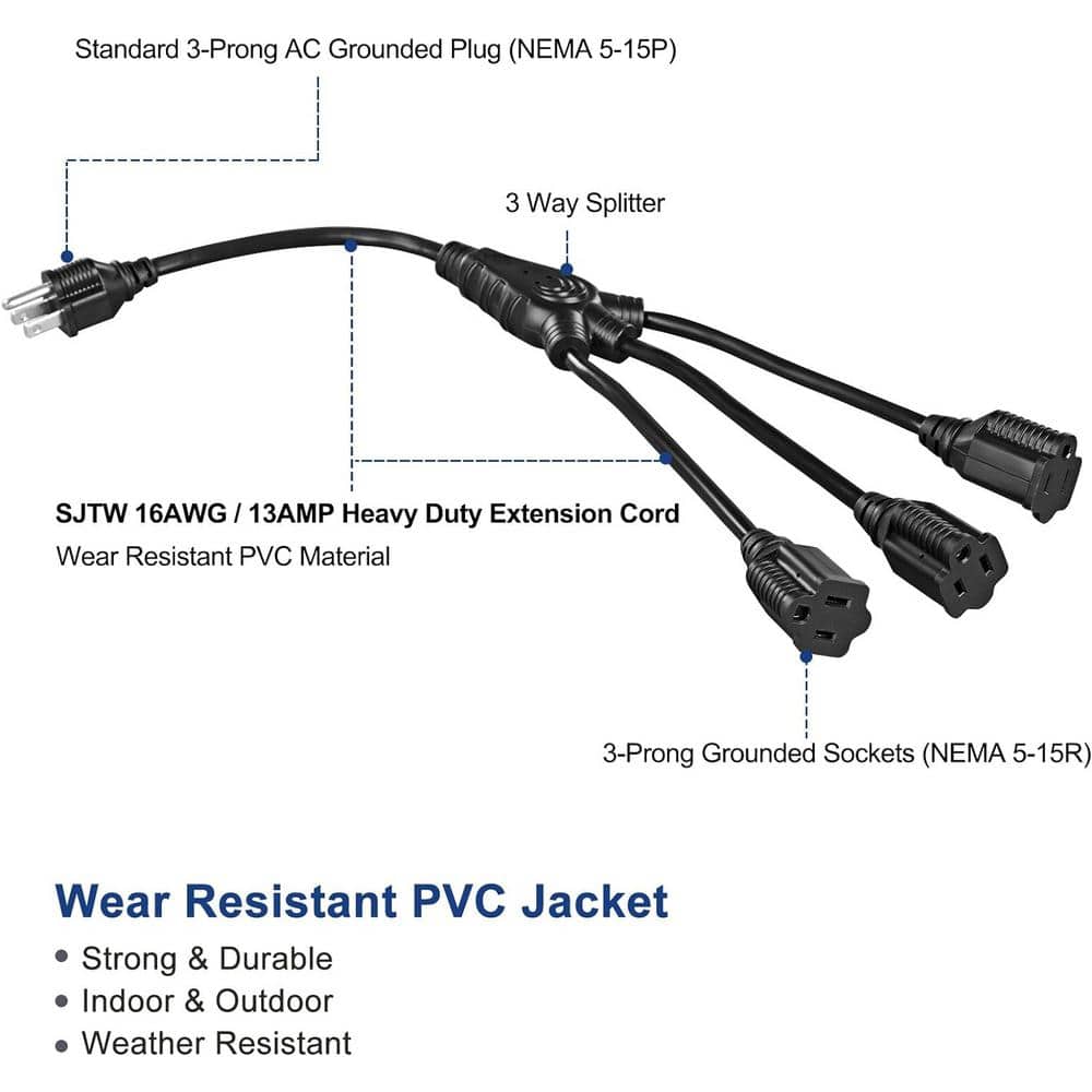 Black Heavy Duty 3 Prong Extension Cord Splitter, 1.5 ft, PVC