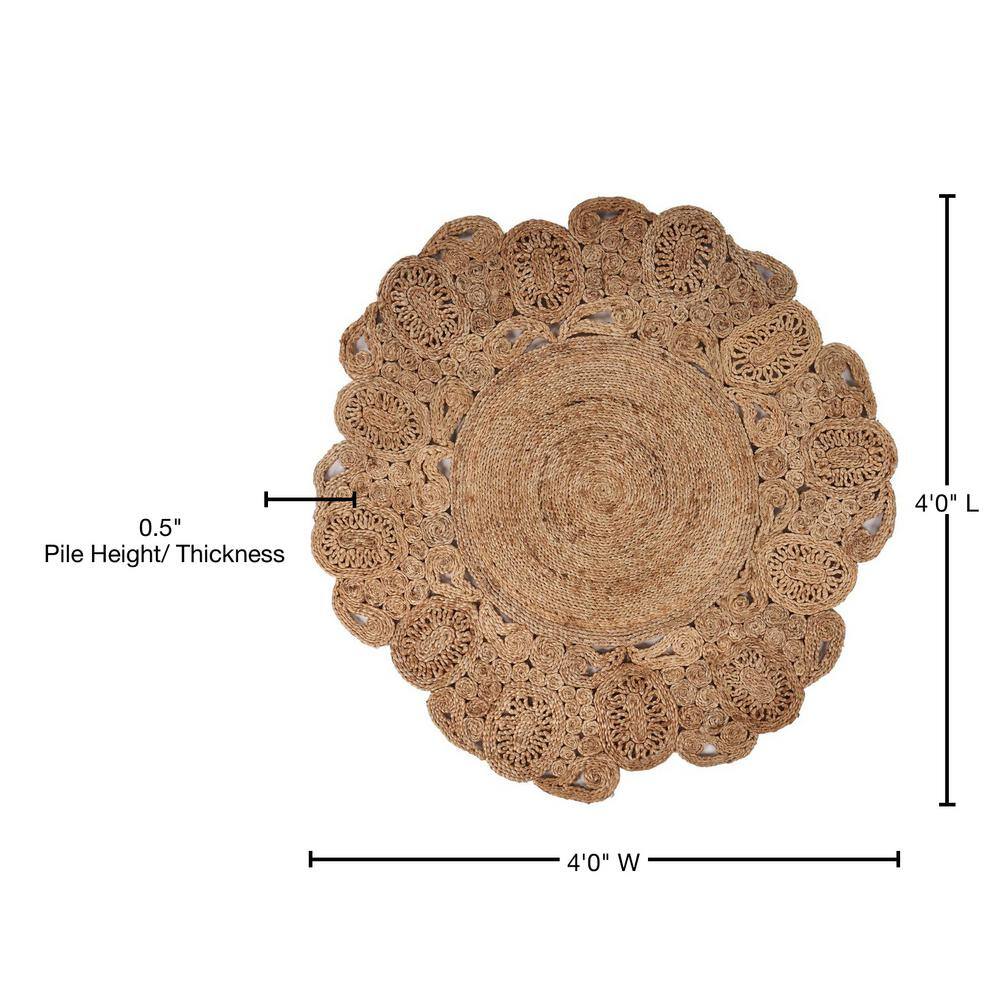 Handmade Natural Jute Round Braided Floral Area Rug