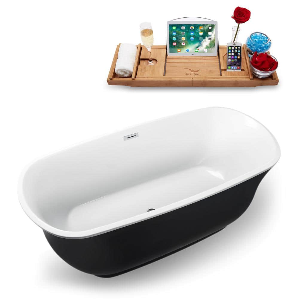 67" Black and White Glossy Acrylic Freestanding Oval Bathtub with Bamboo Tray