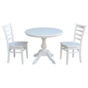 3-Piece Set, White Solid Wood 36 in. Round Table and 2-Emily Chairs