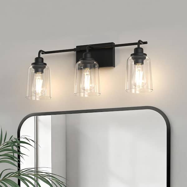23 in. 3-Light Bathroom Fixture, Black Metal Vanity Light Frame with Clear Bell Glass Shades, Modern Bathroom Lighting