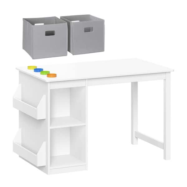 RiverRidge Home White Kids Playroom Art Activity Table with 2 Cubbies 2 Bookracks and 2 Gray Fabric Bins 02 504K The Home Depot