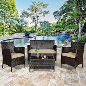 8-Piece Rattan Patio Outdoor Furniture Set with Cushioned Chair Loveseat Table with Brown Cushions