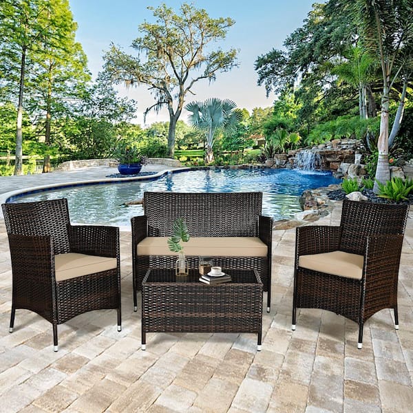 8-Piece Rattan Patio Outdoor Furniture Set with Cushioned Chair Loveseat Table with Brown Cushions