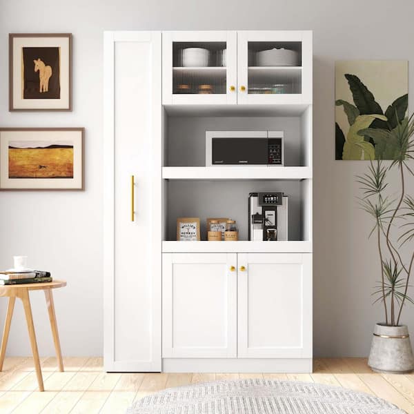 43 in. W x 16 in. D x 71 in. H White Linen Cabinet, Farmhouse Storage Cabinet with Multi-Functional Multi-Tier Shelf
