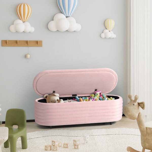 Farrah 54 in. Wide Oval Velvet Upholstered Entryway Flip Top Storage Bedroom Accent Bench in Pink