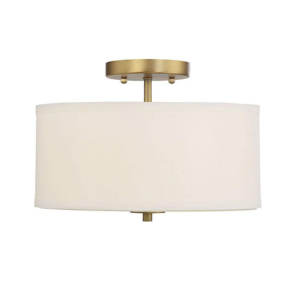 Meridian 13 in. W x 10 in. H 2-Light Natural Brass Semi-Flush Mount Ceiling Light with White Fabric Shade price history on PriceWatchPro