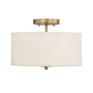 Meridian 13 in. W x 10 in. H 2-Light Natural Brass Semi-Flush Mount Ceiling Light with White Fabric Shade