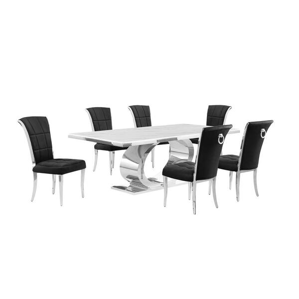 Best Quality Furniture Ibraim 7-Piece Rectangle White Marble Top With Stainless Steel Base Dining Set With 6 Black Velvet Iron Leg Chairs