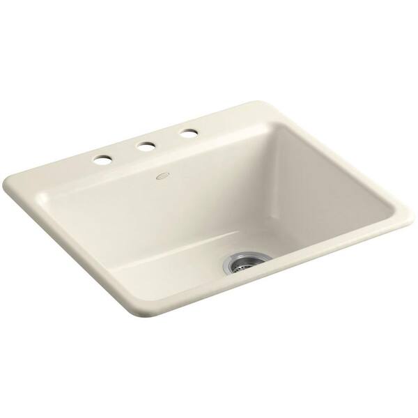 KOHLER Riverby Drop-In Cast-Iron 25 in. 3-Hole Single Bowl Kitchen Sink Kit with Bowl Rack in Almond