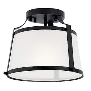 Florent 10 in. 1-Light Black Hallway Traditional Semi-Flush Mount Ceiling Light with White Glass Shade