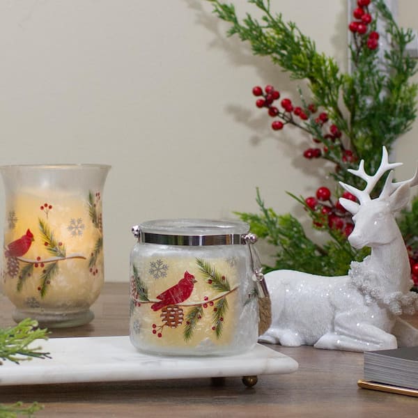 4 in. Red Hand Painted Christmas Cardinal and Pine Flameless Glass Candle  Holder