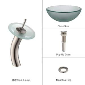 Single-Tone 14 in. Round Vessel Bathroom Sink in Frosted Clear Glass with Waterfall Faucet in Satin Nickel