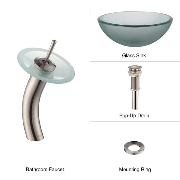 KRAUS Single-Tone 14 in. Round Vessel Bathroom Sink in Frosted Clear Glass with Waterfall Faucet in Satin Nickel