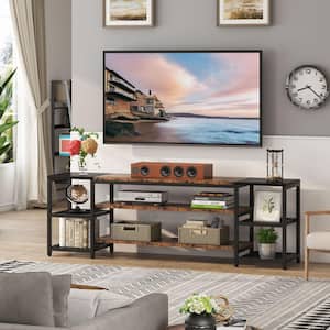 Tabor 78.8 in. Rustic Brown Wood Black Metal TV Stand Fits TVs up to 85 in. with Open Storage Shelves