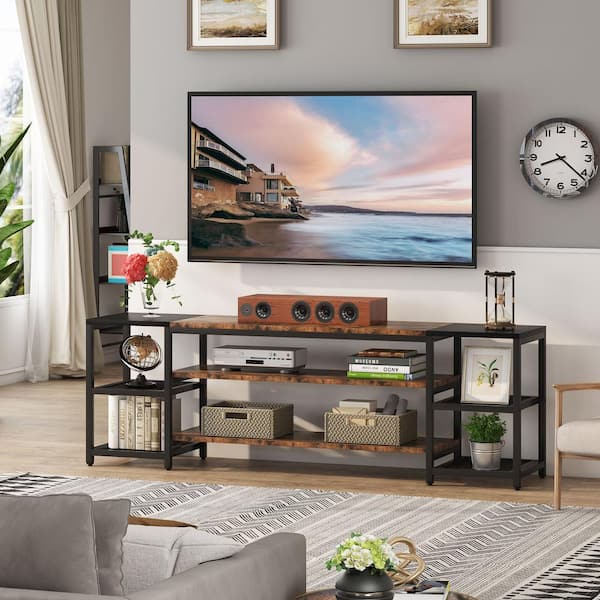 Tabor 78.8 in. Rustic Brown Wood Black Metal TV Stand Fits TVs up to 85 in. with Open Storage Shelves