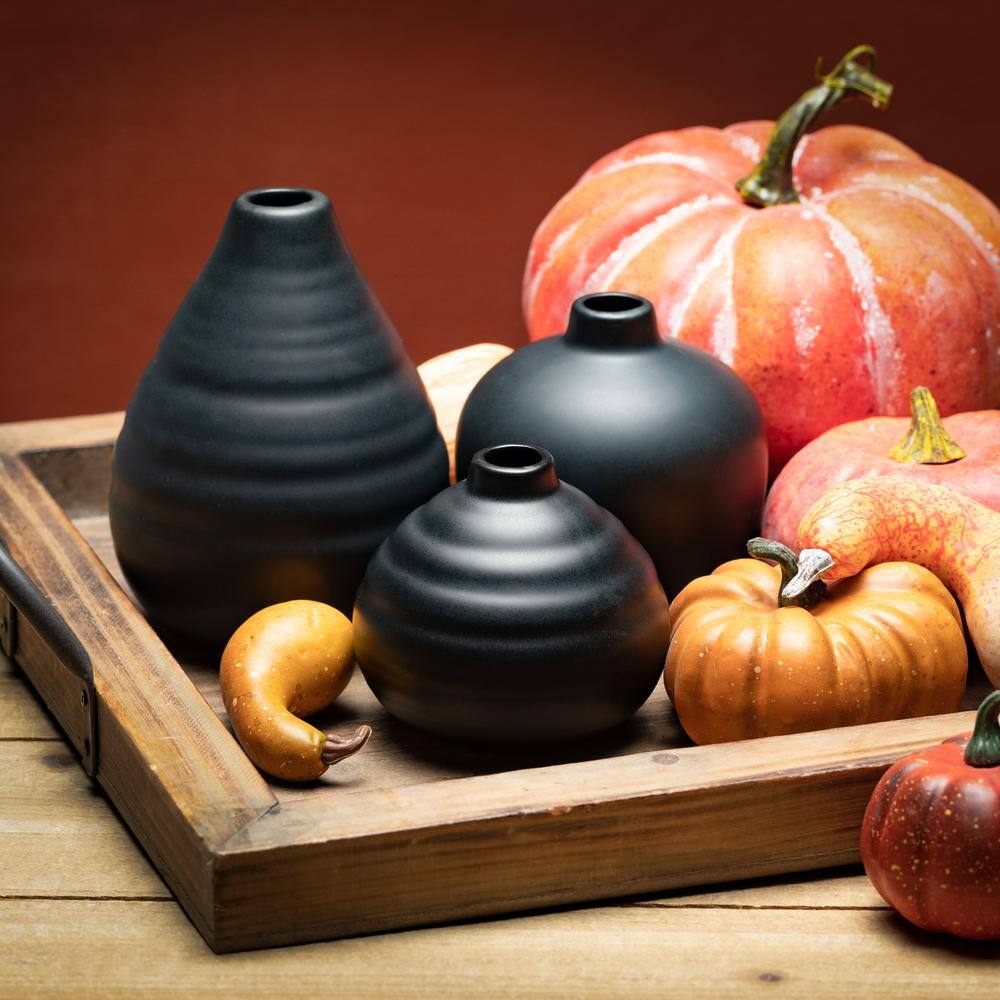 Matte Black Ceramic Bud Vase Trio, 9" x 6.5" Modern Home Decor