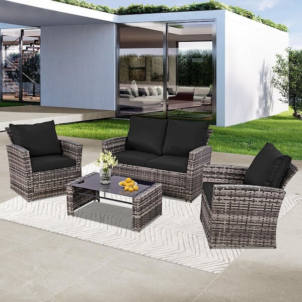 Unbranded Gray 4-Piece Wicker Outdoor Sofa Sectional Set Conversation Set with Black Cushions and Tempered Glass Table