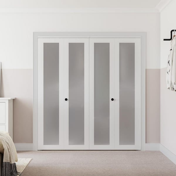 48 in. x 78 in. (Double 24 in. )1-Lite Frosted Glass Solid Core White Finished MDF Closet Bi-Fold Door with Hardware Kit