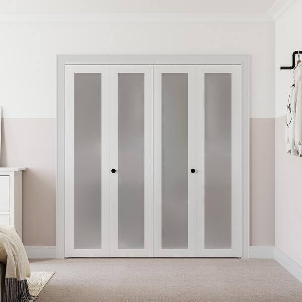 48 in. x 78 in. (Double 24 in. )1-Lite Frosted Glass Solid Core White Finished MDF Closet Bi-Fold Door with Hardware Kit