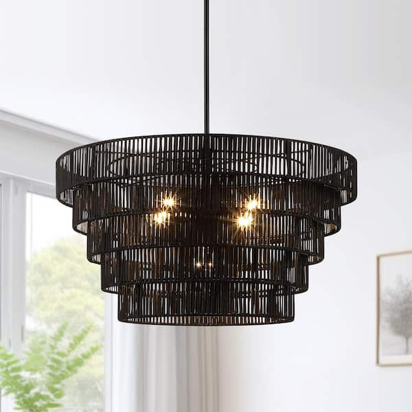 Piersan 26 in. 5-Light Black Modern Bohemian Chandelier with Tiered Rattan Shade