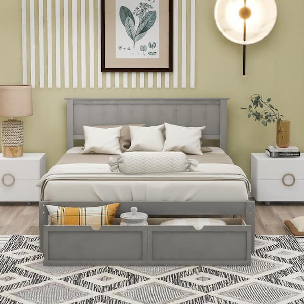 Anbazar Gray Wood Full Size Bed Frame, Full Bed Frame With Headboard Storage