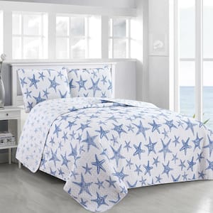 Blue King Starfish Coastal Reversible 3-Piece Microfiber Quilt Set Bedspread