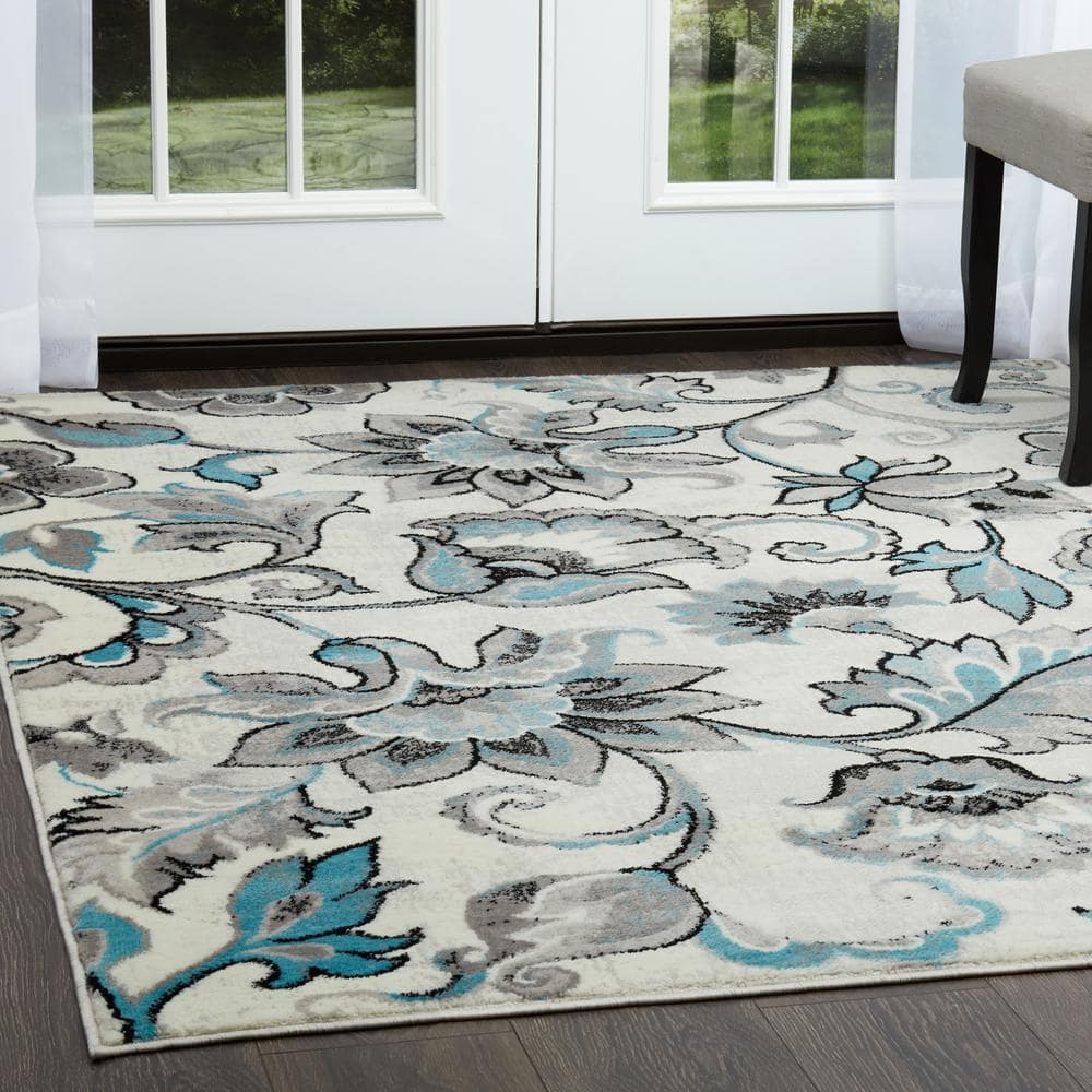 Boho Odesa Ivory/Aqua 8 ft. x 10 ft. Floral Area Rug - thumbnail 2