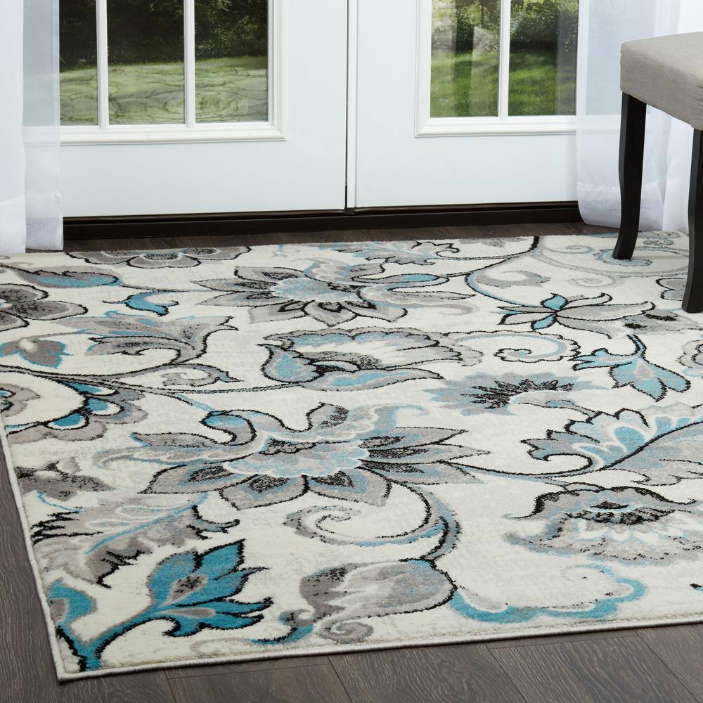 Boho Odesa Ivory/Aqua 8 ft. x 10 ft. Floral Area Rug - thumbnail 10