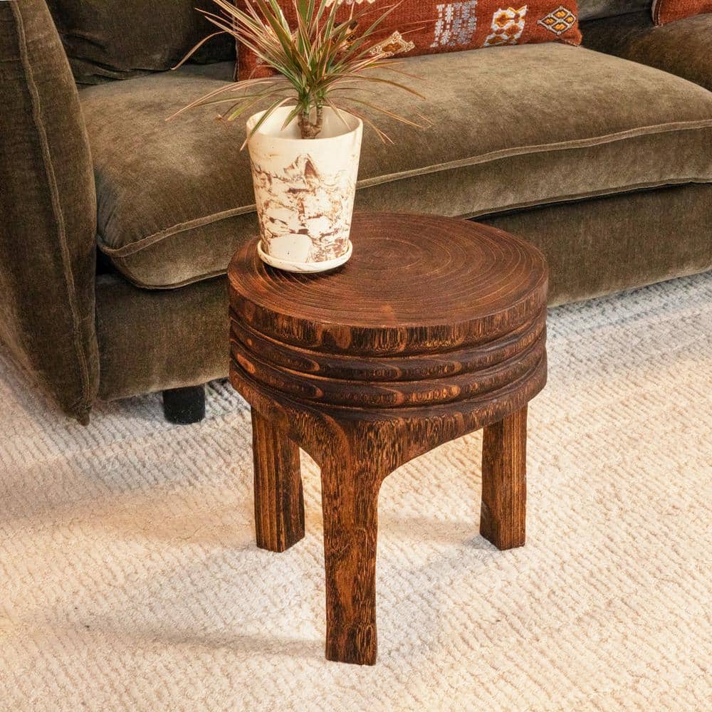 Charred Brown Hand-Carved Paulownia Wood Accent Stool