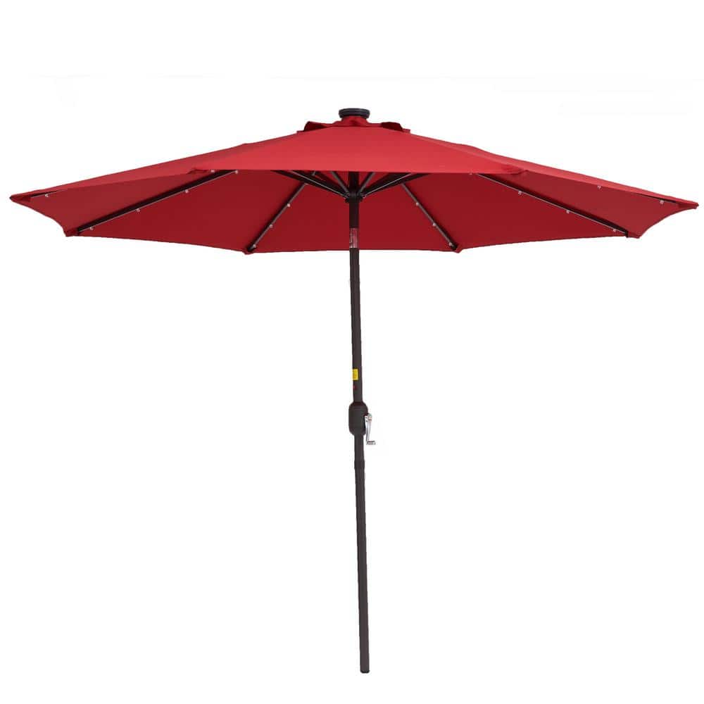 9 ft. Steel Red Outdoor Solar LED Tiltable Patio Umbrella Market Umbrella w