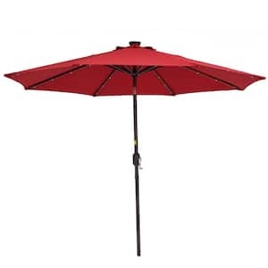 9 ft. Steel Red Outdoor Solar LED Tiltable Patio Umbrella Market Umbrella with Crank Lift