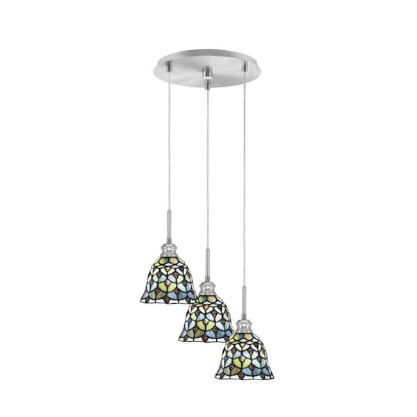 Unbranded Albany 100-Watt 13 in. 3-Light Brushed Nickel Cord Pendant Light Crescent Art Glass Shade