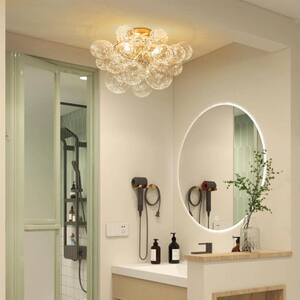Neuvy 20.9 in. W 3-Light Brush Gold Semi-Flush Mount Brass Close to Ceiling Light with Cluster Ribbed Glass for Entry