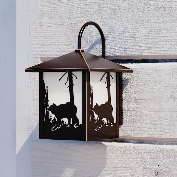 VAXCEL Bozeman 1 Light Bronze Rustic Bear Tree Outdoor Wall Lantern White Glass