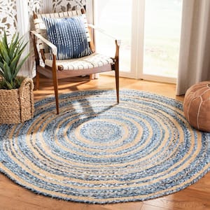 Cape Cod Blue/Natural 4 ft. x 4 ft. Round Distressed Striped Area Rug