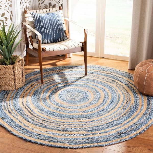 Cape Cod Blue/Natural 4 ft. x 4 ft. Round Distressed Striped Area Rug
