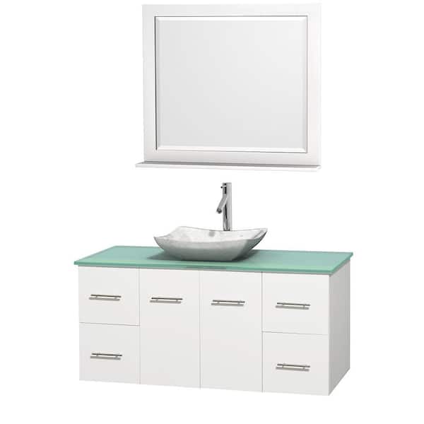 Wyndham Collection Centra 48 in. Vanity in White with Glass Vanity Top in Green, Carrara White Marble Sink and 36 in. Mirror