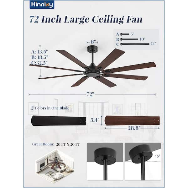 72 in. Black Downrod/Angled Mount Standdard Ceiling Fan with Remote Control and 8 Two-Toned Blades，6 Speesd，DC Motor