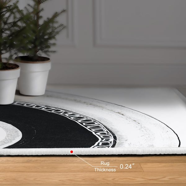 Black White 5 ft. x 8 ft. Circuli Washable Circles Art Power-loomed Heavenly Softness with Non-Slipping Backing Area Rug