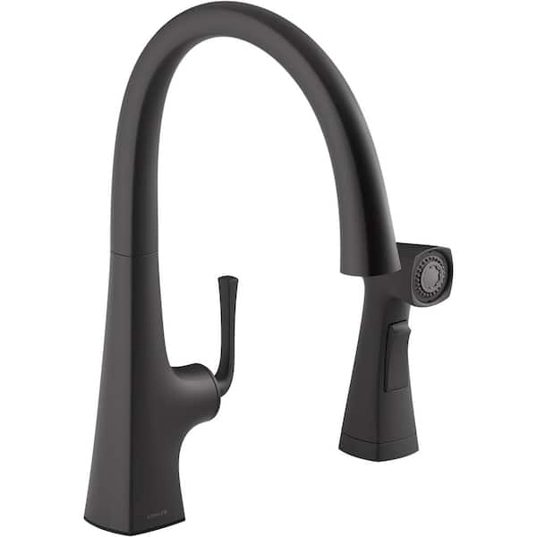 KOHLER Graze Single Handle Standard Kitchen Faucet with Swing Spout and Sidespray in Matte Black