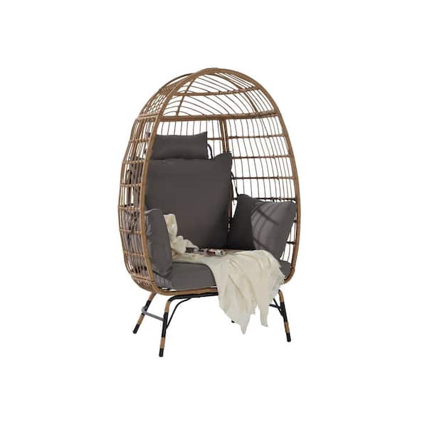 Single Wicker Outdoor Chaise Lounge with Dark Gray Cushions