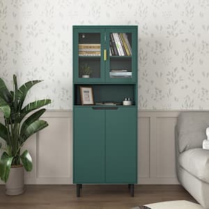 Tempered Glass Door Tall Storage Bookcase with adjustable board, MDF painting finished cabinet for Kitchen in Green