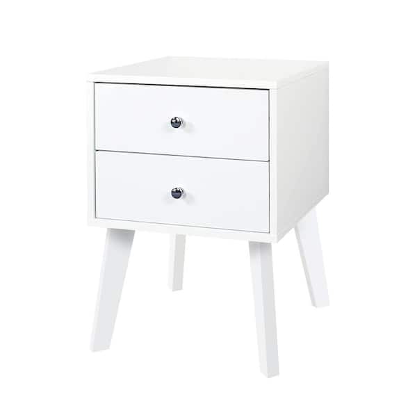 URTR Classic and Vintage 14.9 in. White 2-Drawer Side Table with 4 Wooden Legs Sofa Wood End Table for Bedroom, Living Room