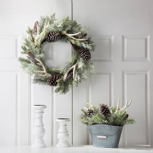 Glitzhome 24 in. Artificial D Flocked Pinecone and Antler