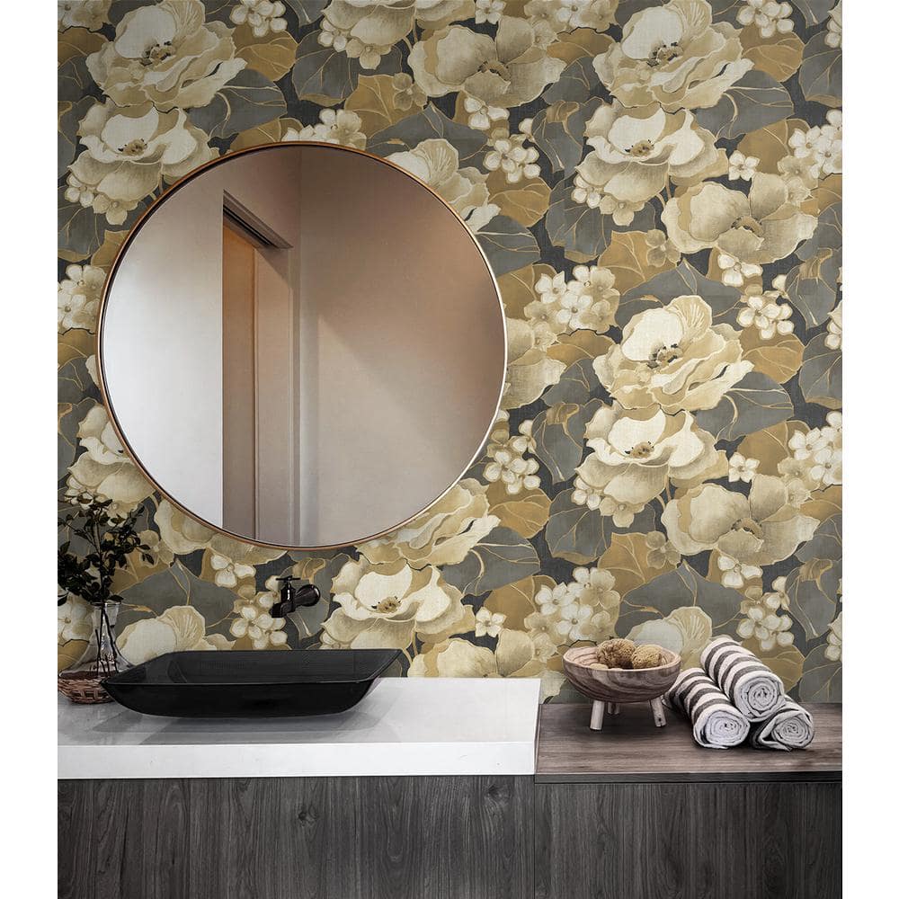 Ebony and Antique Gold Floral Peel and Stick Wallpaper