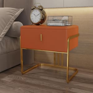 1-Drawer Orange PU Leather Nightstand Bedside Table 19.69 in. H x 19.69 in. W x 15.75 in. D with Metal Legs