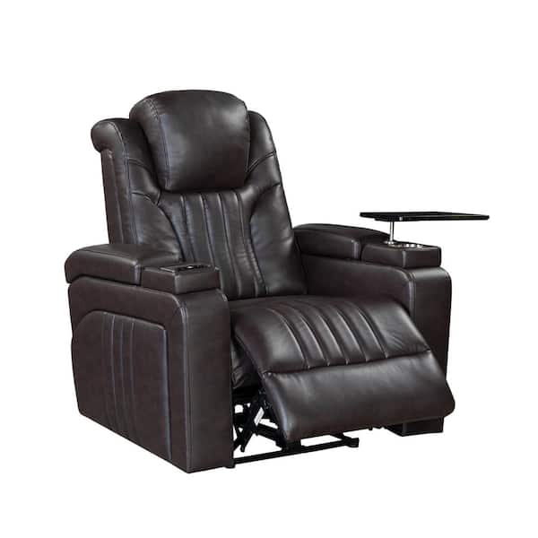 Nestfair Brown PU Leather Power Recliner with Power Adjustable Headrest, USB Port, Cup Holder, Tray Table and Storage